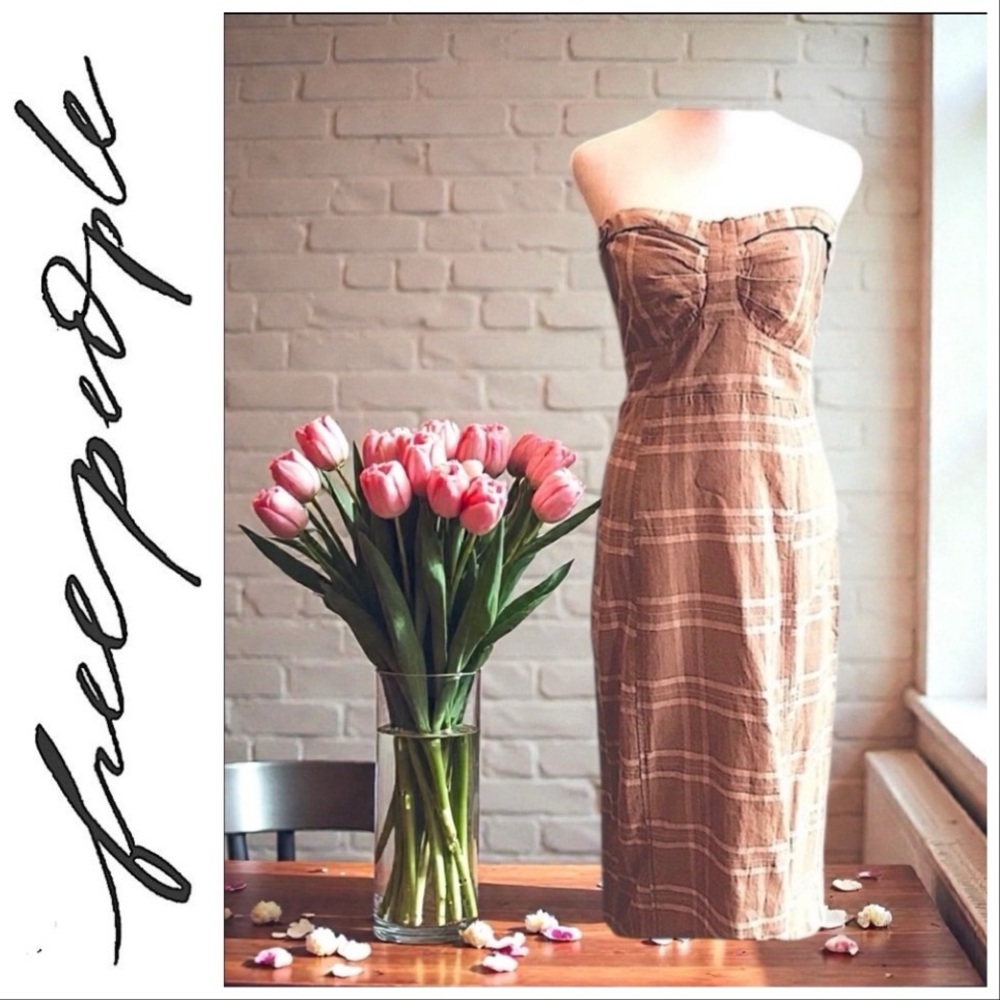 FREE PEOPLE Sweetheart Neckline Strapless Bustier Taupe Plaid Midi Dress SP